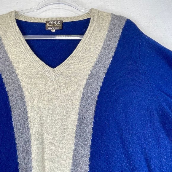 Vintage SNOW LOTUS Mens 44/L/XL Blue Multi Cashmere Fair Isle V-Neck Sweater - Picture 2 of 14